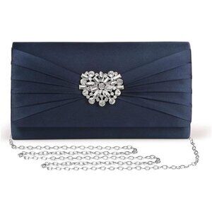 Navy Satin Clutch Purse Rhinestone Evening Crossbody Wedding Prom Party Bag